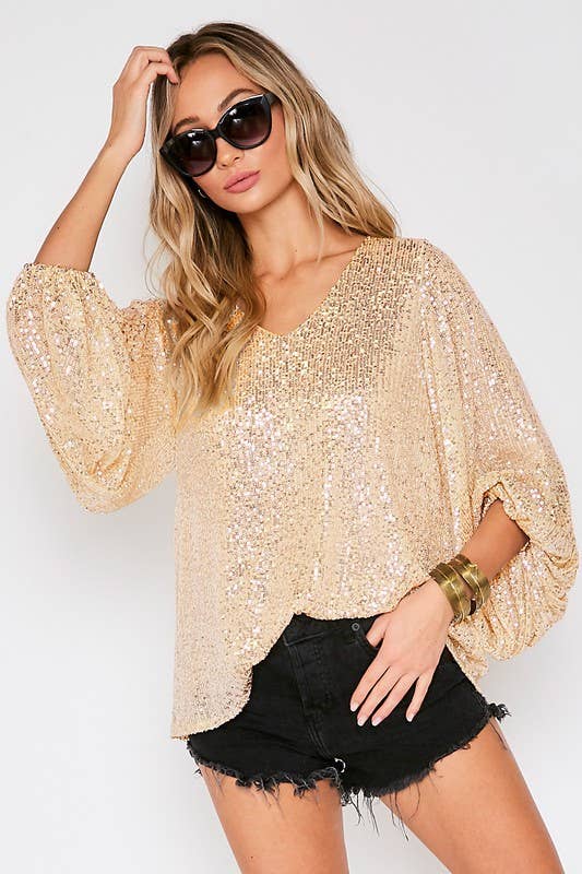 Vine & Love - V-neck balloon sleeves sequin top VT31310A: L / BLACK