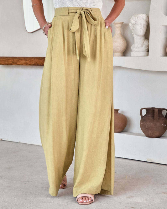 Sweetkama - Ladies Solid Color High Waist Wide Leg Pants RX6607: Khaki / XXL