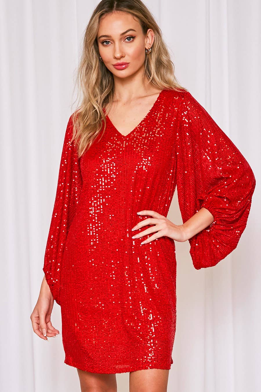 Vine & Love - V-neck balloon sleeve sequin dress VD31721: L / BLACK