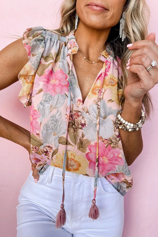 Shiying fashion - Pink Floral Print Tassel Tie Short Sleeve Blouse
